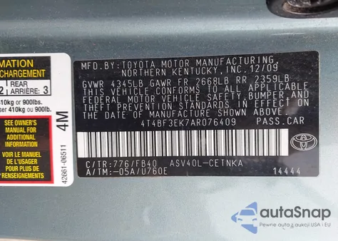 2010 Toyota Camry Le из США, поврежденный, VIN 4T4BF3EK7AR076409